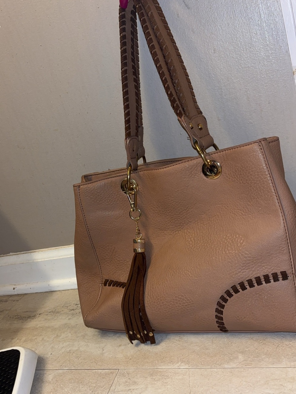 Womenβs Taupe Tote Bag with Tassel Accent